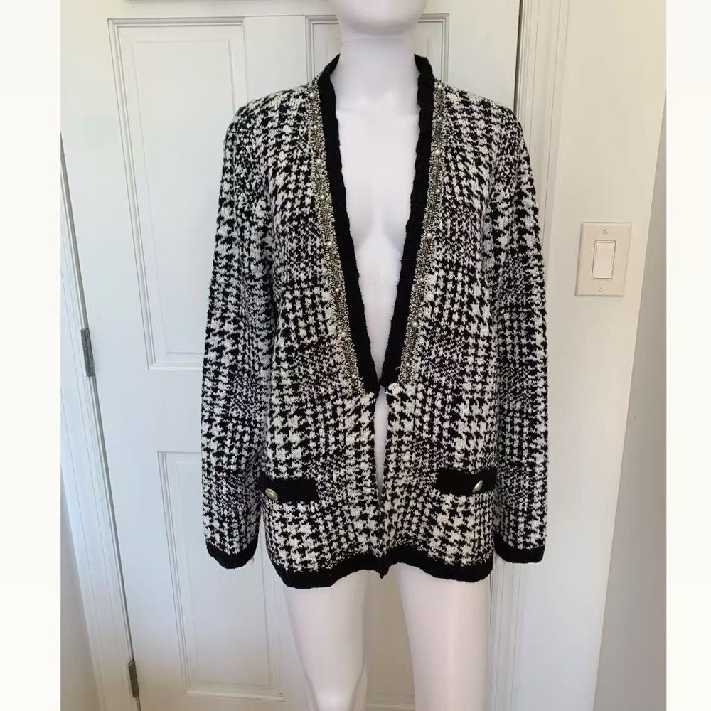 Chico's Black White Houndstooth Knit Embellished Detail Cardigan